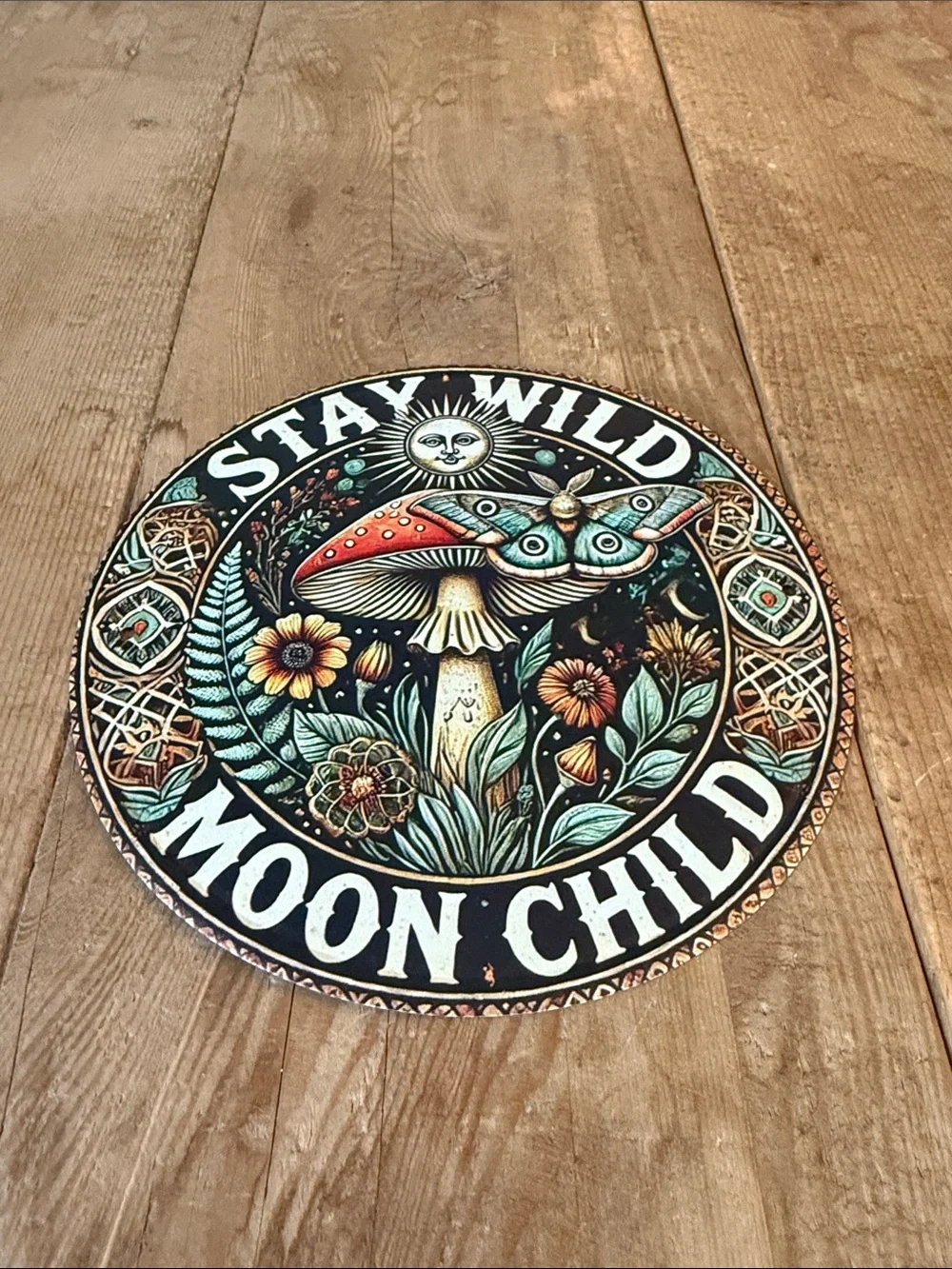 Stay Wild Moon Child Decorative Round Wall Art - Multicolor Mushroom Motif